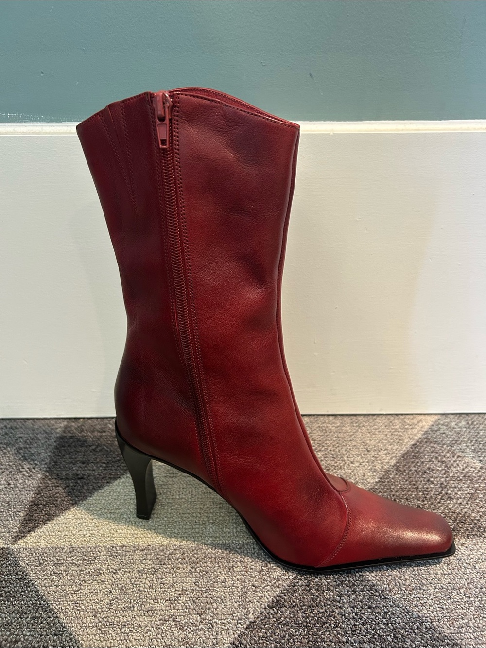 Free People Jeffrey Campbell Burgundy Leather Mid-Calf Heeled Boot NIB